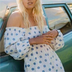 Billabong Off-Shoulder White and Blue Polka Dot Dress